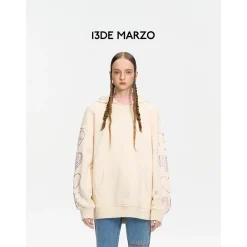 13De Marzo Doozoo Rhinestone Heart Hoodie Beige