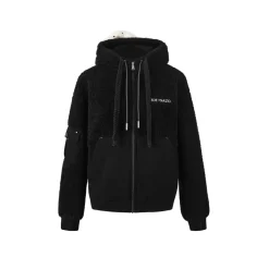 13De Marzo Double Drawstring Fleece Coat Hoodie Black