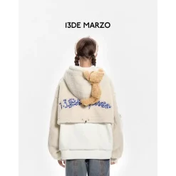 13De Marzo Double Drawstring Fleece Coat Hoodie White