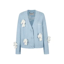 13De Marzo Drilled Bear V-Neck Knit Cardigan Light Blue
