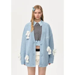 13De Marzo Drilled Bear V-Neck Knit Cardigan Light Blue
