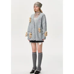 13De Marzo Drilled Bear V-Neck Knit Cardigan Gray