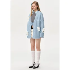 13De Marzo Drilled Bear V-Neck Knit Cardigan Light Blue