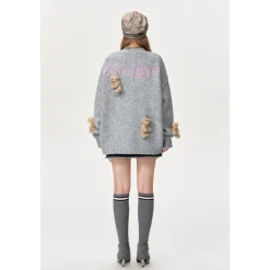 13De Marzo Drilled Bear V-Neck Knit Cardigan Gray