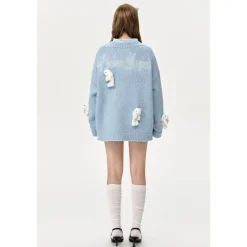 13De Marzo Drilled Bear V-Neck Knit Cardigan Light Blue