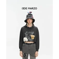 13De Marzo Embroidery Logo Short Pattern Hoodie Dark Grey