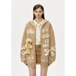 13De Marzo Fair Isle Jacquard Knit Hoodie Khaki