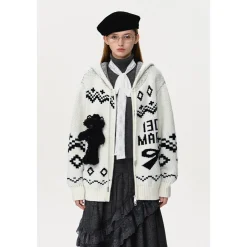 13De Marzo Fair Isle Jacquard Knit Hoodie White