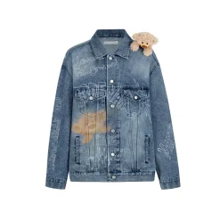 13De Marzo Full Graffiti Retro Washed Denim Jacket Blue