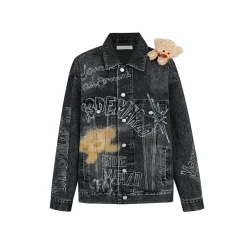 13De Marzo Full Graffiti Retro Washed Denim Jacket Black