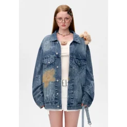 13De Marzo Full Graffiti Retro Washed Denim Jacket Blue