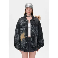 13De Marzo Full Graffiti Retro Washed Denim Jacket Black