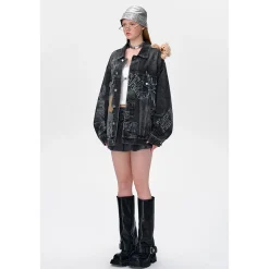 13De Marzo Full Graffiti Retro Washed Denim Jacket Black