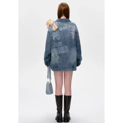 13De Marzo Full Graffiti Retro Washed Denim Jacket Blue