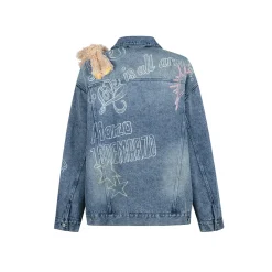 13De Marzo Full Graffiti Retro Washed Denim Jacket Blue