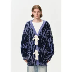 13De Marzo Gradient Logo Bear V-Neck Knit Cardigan Navy Blue
