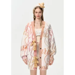 13De Marzo Gradient Logo Bear V-Neck Knit Cardigan Beige
