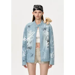 13De Marzo Graffiti Racing Bear Denim Jacket Blue