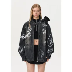 13De Marzo Graffiti Racing Bear Denim Jacket Black