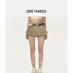 13De Marzo High Waist Belt Pleated Skirt Shorts Khaki