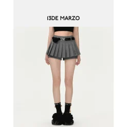 13De Marzo High Waist Belt Pleated Skirt Shorts Grey