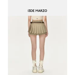 13De Marzo High Waist Belt Pleated Skirt Shorts Khaki