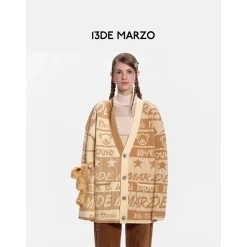 13De Marzo Jacquard Bear Weave Knit Cardigan Khaki
