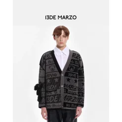 13De Marzo Jacquard Bear Weave Knit Cardigan Black