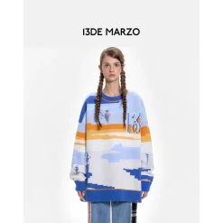 13De Marzo Jacquard Mosaic Scene Knit Sweater Blue