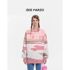 13De Marzo Jacquard Mosaic Scene Knit Sweater Pink