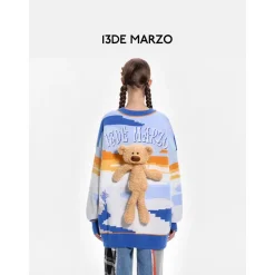 13De Marzo Jacquard Mosaic Scene Knit Sweater Blue