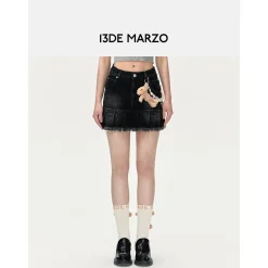 13De Marzo Logo Bead Chain Denim Skirt Black
