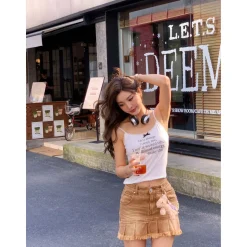 13De Marzo Logo Bead Chain Denim Skirt Brown