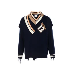 13De Marzo Offset Logo Broken Knit Sweater Navy