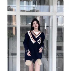 13De Marzo Offset Logo Broken Knit Sweater Navy