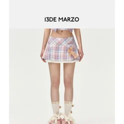 13De Marzo Plaid Low Waist Pleated Skirt Pink