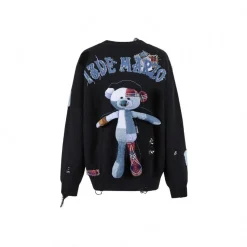 13 De Marzo Plaid Patch Broken Bear Knit Sweater Black
