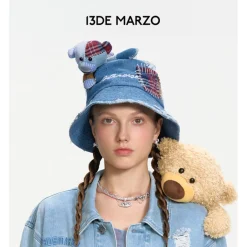 13De Marzo Plaid Patch Denim Bucket Hat Blue