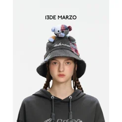 13De Marzo Plaid Patch Denim Bucket Hat Black