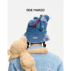 13De Marzo Plaid Patch Denim Bucket Hat Blue