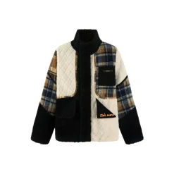 13De Marzo Plaid Patchwork Woolen Fleece Coat