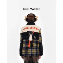 13De Marzo Plaid Patchwork Woolen Fleece Coat