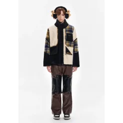 13De Marzo Plaid Patchwork Woolen Fleece Coat
