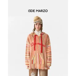 13De Marzo Plush Bear Color Striped Knit Hoodie Red