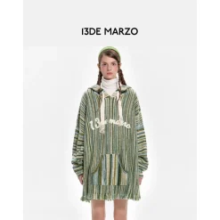 13De Marzo Plush Bear Color Striped Knit Hoodie Green