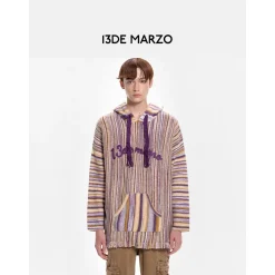 13De Marzo Plush Bear Color Striped Knit Hoodie Purple