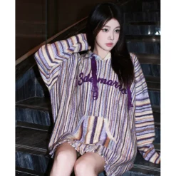 13De Marzo Plush Bear Color Striped Knit Hoodie Purple
