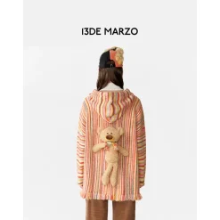 13De Marzo Plush Bear Color Striped Knit Hoodie Red