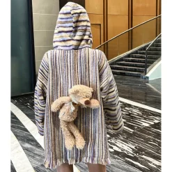 13De Marzo Plush Bear Color Striped Knit Hoodie Purple