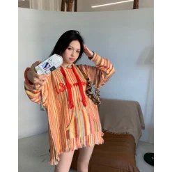 13De Marzo Plush Bear Color Striped Knit Hoodie Red